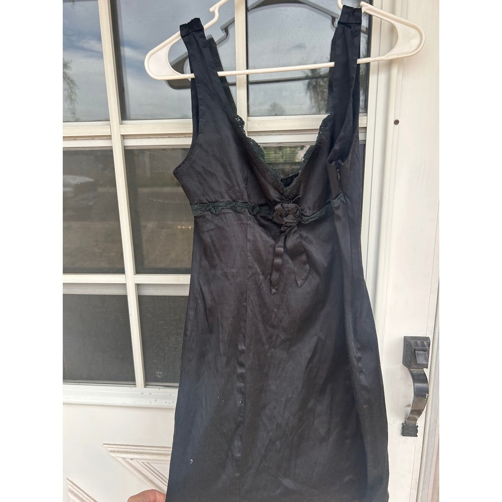 Vintage Bebe Black Satin Lace‎ Trim Rosette Empire Waist Mini Dress Y2K Coquette - Picture 6 of 15